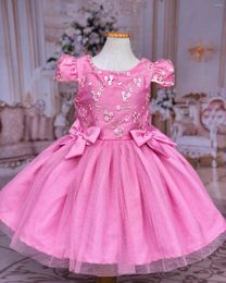 Robes de fille en Satin rose, avec des Appliques de fleurs, à paillettes, robes de bal, nœuds d'anniversaire pour enfants, concours à plusieurs niveaux pour petites filles