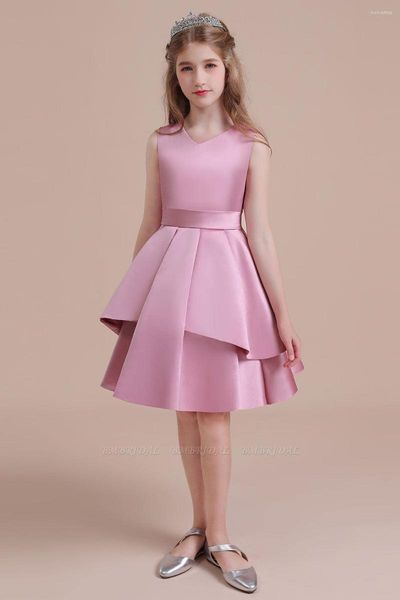 Robes de fille robe de fleur de satin rose col en V une ligne petites filles princesse robe de fête d'anniversaire de mariage sur mesure coupe élégante 2-14 ans