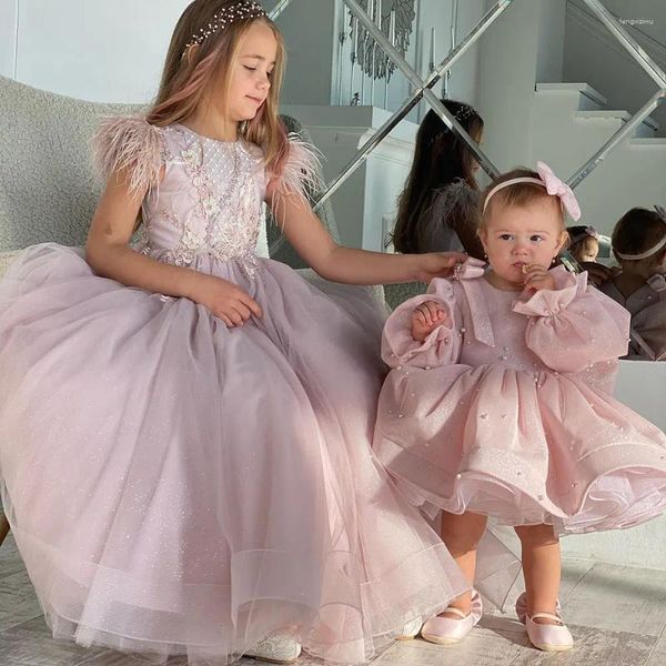 Vestidos de niña Vestido de flores brillante rosa para boda Perlas Mangas completas Arco Puffy Bebé Niños Cumpleaños Primera comunión Fiesta Vestido de fiesta