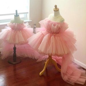 Vestidos de niña de tul escalonado rosa, princesa, flor hinchada para fiesta de boda de bebé, vestidos de cumpleaños para chico alto-bajo, vestido de primera comunión