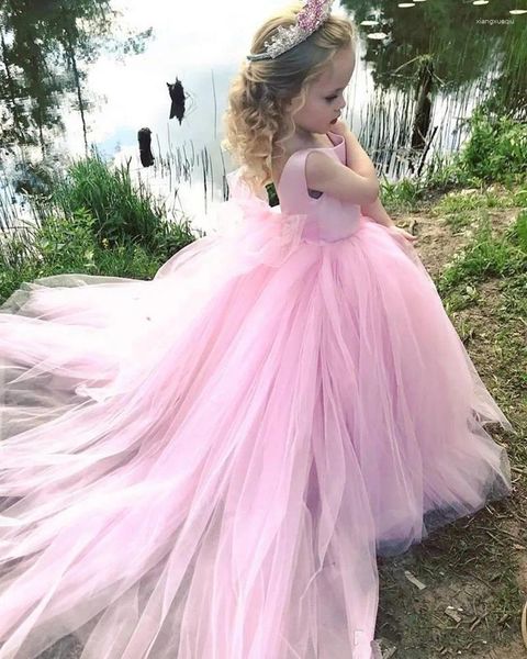 Vestidos de niña Flores de tul rosa Niñas Sin mangas Puffy Princesa Pageant Vestidos de campo para la boda Noche Dama de honor Primera comunión