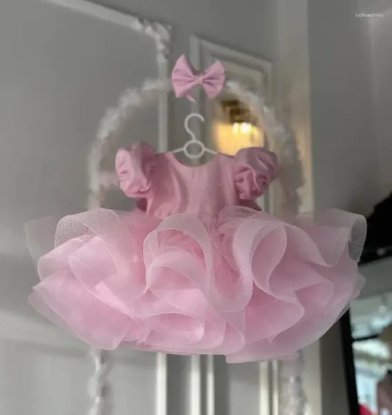 Robes de fille rose Tulle Organza bébé filles avec grand nœud princesse robe à fleurs moelleuses fête d'anniversaire robe de concours