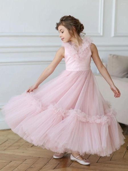Vestidos de niña vestido de flores rosa con cuello en V 2024 sin mangas de tul hinchado para fiesta de boda vestidos de baile de noche de cumpleaños para niños