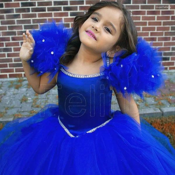 Robe en Tulle bleu Royal pour filles de 0 à 16 ans, grande taille, à fleurs, avec perles, robes de fête d'anniversaire pour bébé, de mariage, de première communion, personnalisées