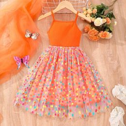 Vestidos de chicas Polka Dot Mesh Slip Vestido para niños 3 4 5 6 7 años de verano Estilo coreano Casual Linda Moda Orange