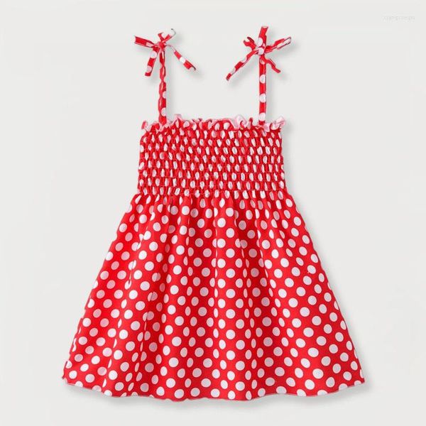 Robes de fille Polka Dot Summer Girls froncé impression sans manches à lacets Sling Dress léger mince enfants vêtements vacances plage robe d'été