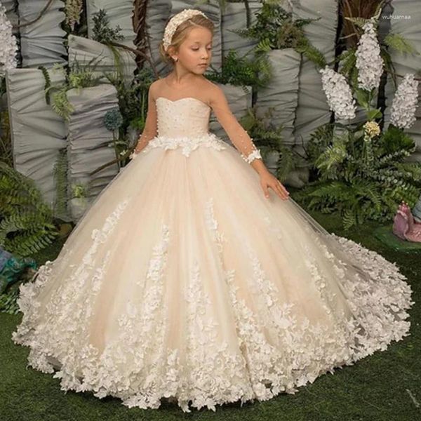 Robes de fille poudre fard à joues rose moelleux Tulle smoking à manches longues appliques robe de fleur de mariage élégant enfants noël anniversaire