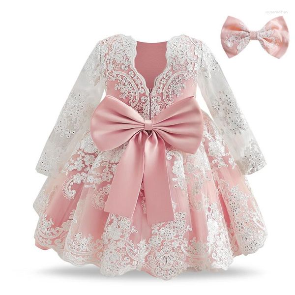 Vestidos de niña princesa princesa fiesta de manga de manga larga elegante primer cumpleaños bautismo tutu boda para niños