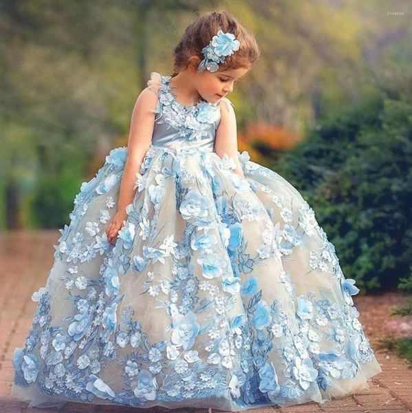 Vestidos de niña Vestido de fiesta bonito Princesa Flor 3D Apliques florales Vestidos para niños pequeños Longitud del piso Plffy Tul Vestido de fiesta para niños