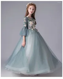 Robes de fille jolie dentelle bleue 3D fleur enfants Communion longue fête robes de bal concours de mariage pour les filles