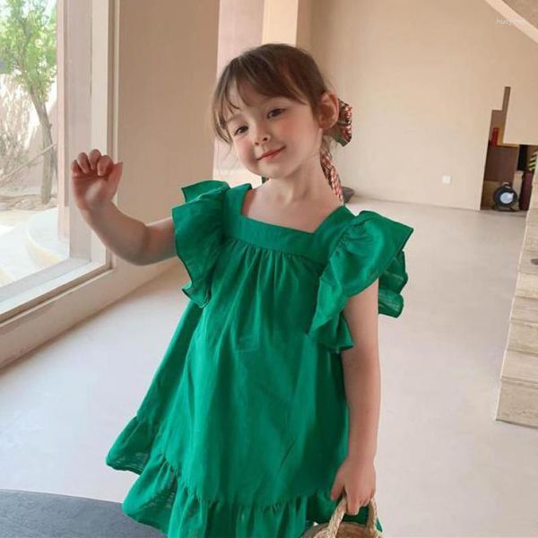 Fille Robes Jolies Filles D'été Pétale Manches Coton Au Genou Plis Vert Rouge Robe De Soirée Enfants Enfants Mode Mignon Arc Vêtements 2-8y