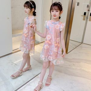 Vestidos de niña bonitas para niñas, vestido tubo hasta la rodilla con bordado de flores de algodón y malla de manga de verano, Cheongsam para niños de 3 a 12 años