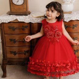 Meisjesjurken Mooi mouwloos rood bruiloftsfeest Kinderen kleding 6m-4 jaar Princess Handgemaakte bloemen Pageant Kinderen voor meisjeskostuum