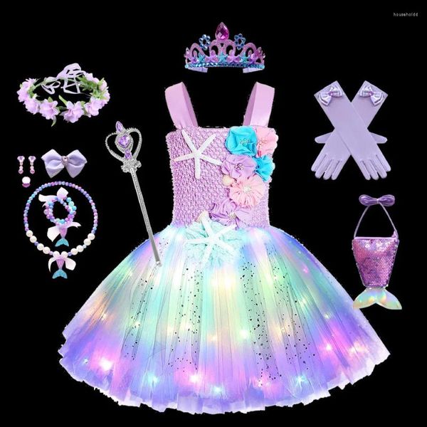 Vestidos de niña Pricness niñas sirena tutú con luces LED Fiesta Temática del mar estrella de mar Ariel disfraces Cosplay vestido de baile púrpura