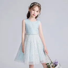 Robes de fille princesse 2024 robe d'été en maille col rond sans manches étoiles solides perles décoration de taille longueur au genou vêtements pour enfants de haute qualité