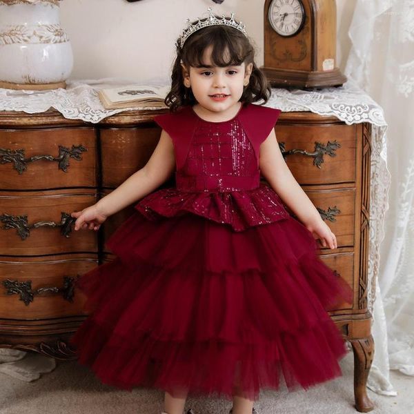 Fille Robes Princesse 6M-5 Ans D'anniversaire Bébé Vêtements De Mariage Soirée Rouge Foncé Gâteau Tulle Robe Enfants Pour Les Filles