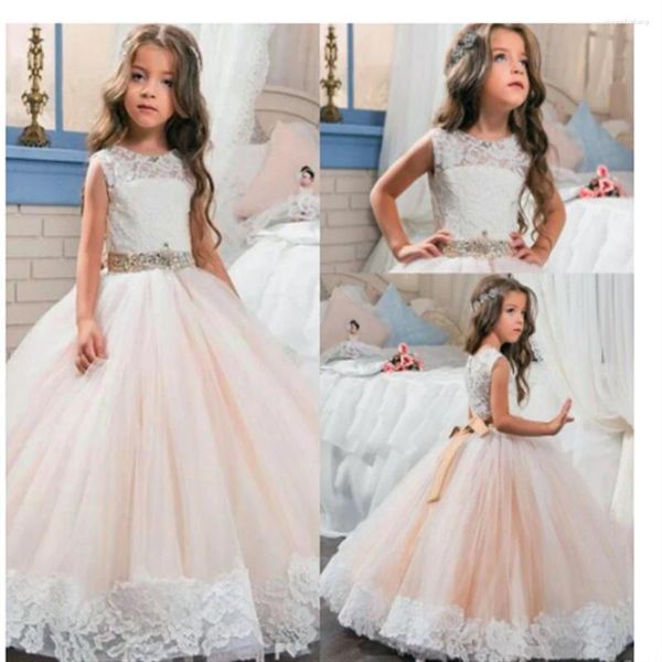 Vestidos de niña Princesa Bola Concurso de belleza Primera comunión Tul Encaje Sin mangas Arco Cinturón Vestido de flores Niños Sorpresa Regalo de cumpleaños