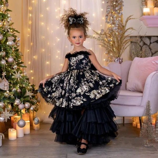 Vestidos de niña Princesa Vestido de flores de tul en capas negras para boda Cuello transparente Volantes Algodón con lazo Fiesta de cumpleaños para niños Vestidos de desfile