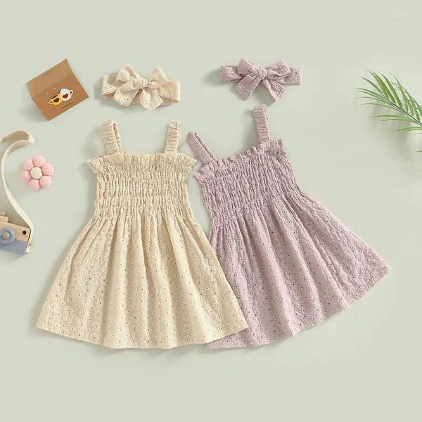 Robes de fille princesse née bébé filles été robe mignonne sangle fleur broderie creuse sans manches a-ligne bandeau tenues décontractées