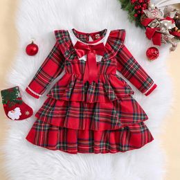 Meisje Jurken Prinses Kerst Kinderkleding Kinderen Meisjes Jurk Plaid Print Lange Mouw Ronde Hals A-lijn Met Strik Voor Peuter