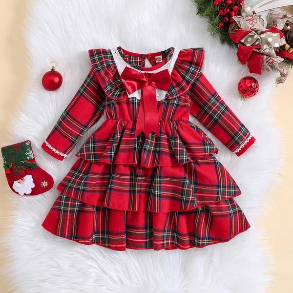 Vestidos de niña Princesa Navidad Ropa para niños Vestido para niñas Vestido con estampado a cuadros Manga larga Cuello redondo Una línea con lazo para niños pequeños