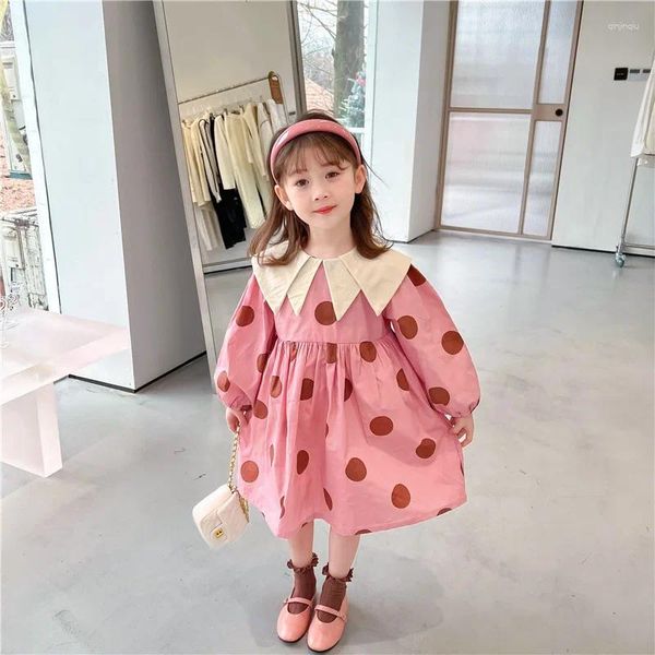 Robes de fille robe de princesse pour les filles 2 ans vêtements de bébé coréen col rabattu double couche point rose mignon à manches longues A-LINE