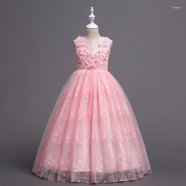 Robes de fille robe de princesse dentelle broderie enfants fleur mariage filles soirée longueur au sol couleur unie col rond robe de bal