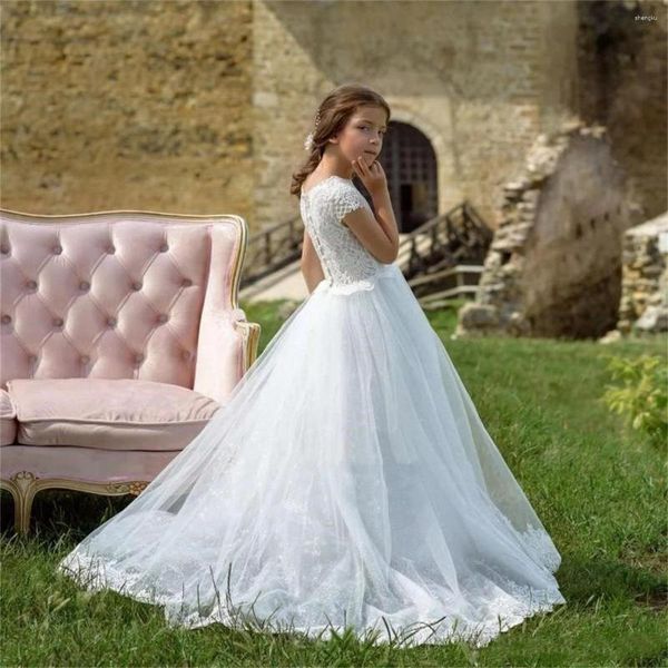 Vestidos de niña Vestido de flores de princesa Tul mullido blanco Mangas cortas Boda Elegante Niño Primera comunión Fiesta de cumpleaños Vestidos de fiesta de graduación