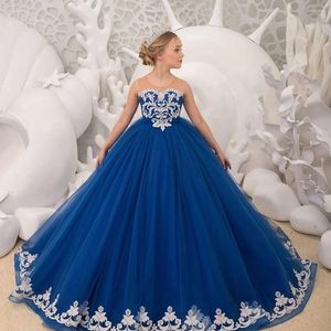Meisje jurken prinses juweel bloem tule baljurk eerste communie jurk borduurwerk blauwe kinderen verjaardag