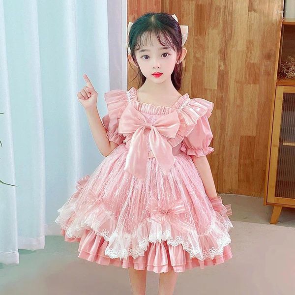 Vestidos de niña princesa vestido estilo lolita 2023 moda de verano cuello cuadrado manga corta lazo grande Patchwork encaje niño tutú rosa