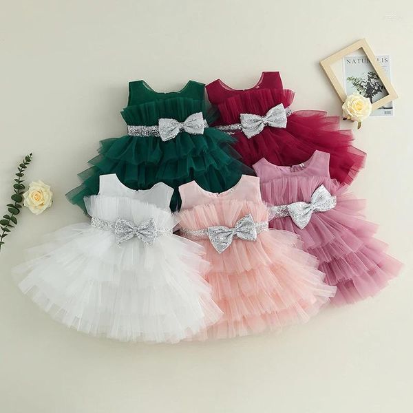 Robes de princesse en maille et dentelle pour filles, tenue Tutu de fête pour enfants, sans manches, avec nœud, Tutu, robe formelle pour nourrissons, anniversaire et mariage