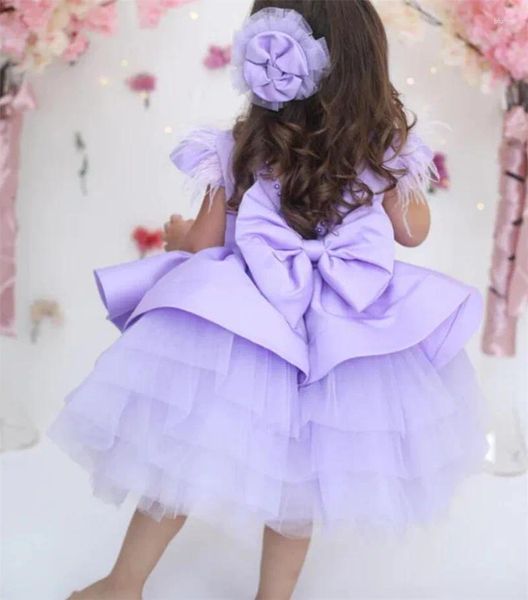 Robes de fille Princesse Satin Fleur Robe De Mariage Violet Puffy Tulle Avec Perles Gros Arc Plume Bébé Anniversaire Enfants Fête Robes De Bal