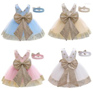Meisjesjurken Princess Toddler Baby Girls Dress Hoofdband 2pcs Star Lovert Bowknot Lace Mouwess Tutu Party Outfits 4 Kleur 1-6 jaar