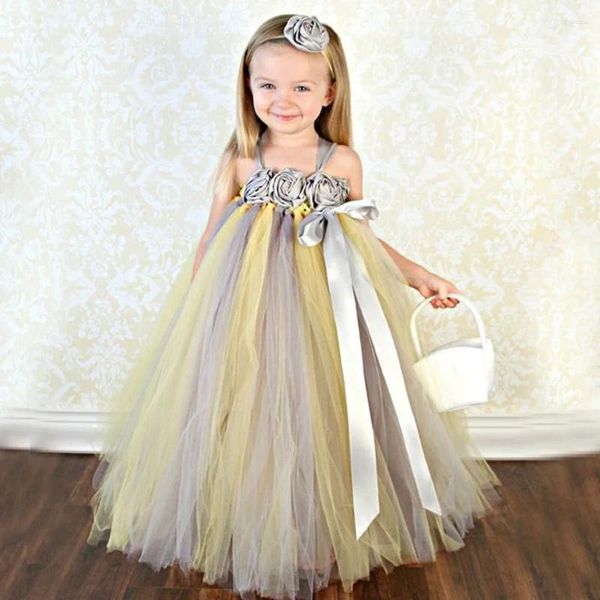 Robes princesse en Tulle pour filles, tenue à fleurs, Tutu fait à la main, bandeau assorti pour demoiselle d'honneur, mariage, fête d'anniversaire, TS076