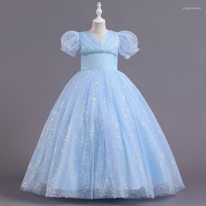 Meisjesjurken Princess V Neck korte mouwen Sky Blauwe meisjesjurk voor bruiloft Verjaardagsfeestje 6-17 jaar Ballgown First Communion-jurken