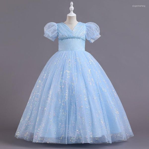 Robes de fille princesse V cou de coudes à manches courtes robes de filles bleues ciel pour le mariage de la fête d'anniversaire taille 6-17 ans