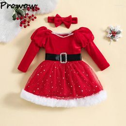 Fille robe prowow 0-5y hiver filles Noël pour enfants manches gonflées en velours rouge étoile en peluche princesse robe enfant