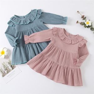 Vestidos de niña Pudcoco 2022 Vestido de otoño para bebés pequeños Casual Manga larga Cuello redondo Color sólido Volantes Una línea Suelta 1-4T