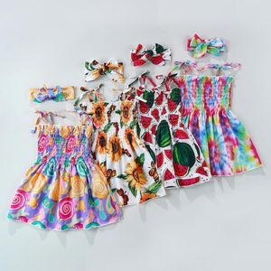 Meisjesjurken Pudcoco 2023 Little Girls Sweet Style Outfit Summer Tie-Dye/Watermelon/Bloemdruk Mouwloze slip Princess Dress Hoofdkleding