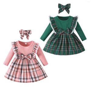 Meisje Jurken Pudcoco Baby Meisjes Jurk Kerst Kleding Plaid Patchwork Ronde Hals Lange Mouw Herfst Casual Prinses Hoofdband 3M-3T