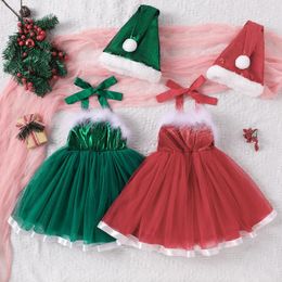 Robes de fille Pudcoco infantile enfants bébé robe de noël avec chapeau froncé peluche garniture Tulle Tutu Mini Santa pour fête costumée 6M-5T