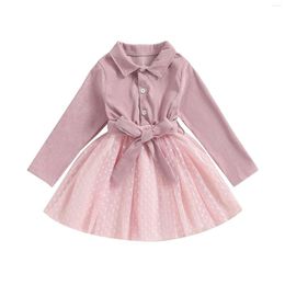 Vestidos de niña Pudcoco, vestido para niñas, patrón de bloque de cuña, retazos de malla, cuello vuelto, manga larga, princesa de otoño con cinturón 3-7T