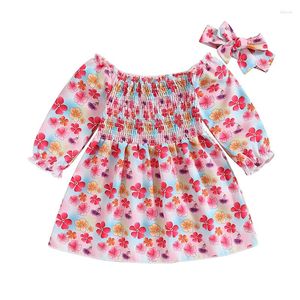 Vestidos de niña Pudcoco, vestido para niñas, estampado de flores, cuello barco, manga larga, moda de otoño, princesa informal con diadema con lazo, 6M-4T