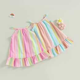 Robes de fille Pudcoco enfants infantile bébé sans manches épaules dénudées coloré arc-en-ciel rayé décontracté fête rue robe de princesse 6M-4Y