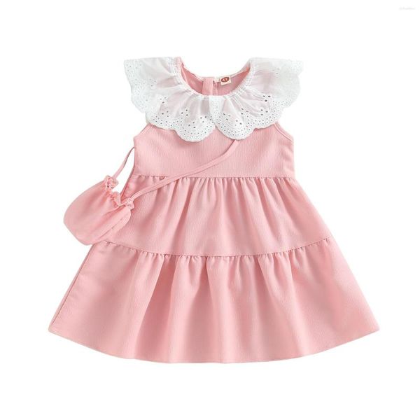 Robes de fille Pudcoco petite robe de princesse couleur contrastée décontracté été a-ligne et sac à bandoulière pour la fête de plage vêtements mignons 3-7T