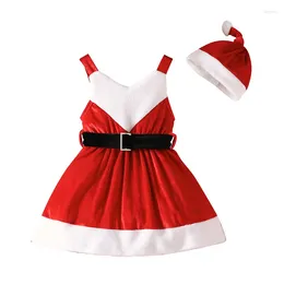 Robes de fille Pudcoco enfant en bas âge enfants bébé filles 2 pièces tenues couleur contrastée robe de velours de noël et chapeau de père noël pour la fête vêtements mignons 1-5T