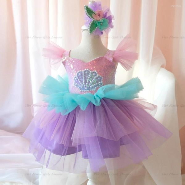 Robes de fille Puff rose manches courtes volantes paillettes robe de bal enfant pageant genou longueur anniversaire bal première communion taille 2023