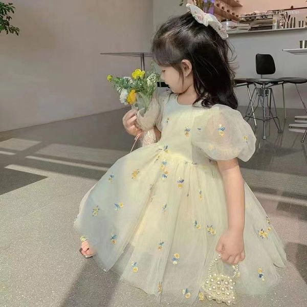 Vestidos de niña Puff manga Hada niñas princesa vestido flor verde tutú ropa elegante bordado tul Ins moda disfraz Cosplay