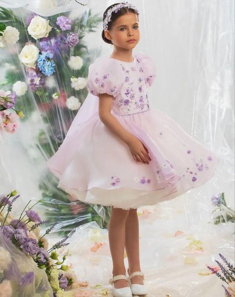 Vestidos de niña, vestido de fiesta hinchado, apliques florales de flores, vestidos de cumpleaños para niños con chal hasta la rodilla, desfile para niñas pequeñas