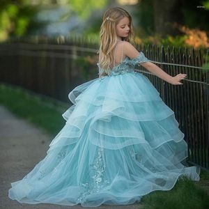 Robes de princesse bouffantes à fleurs pour filles, épaules dénudées, en Tulle, dentelle bleue, avec des appliques, robe de première Communion, jupes mignonnes pour enfants